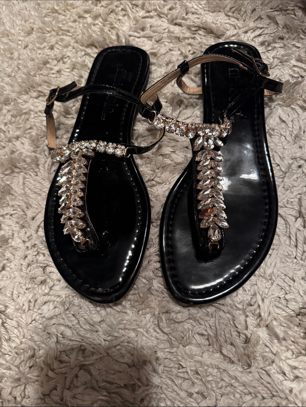 Women’s Black Jeweled T-Strap Sandals